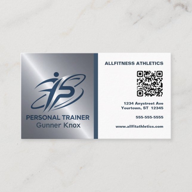 Carte De Visite Blue and Silver QR Code Fitness Trainer (Devant)