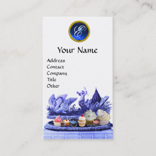 CARTE DE VISITE BLUE CERISE OF SWANS WITH CUPCAKES AND PASTRY