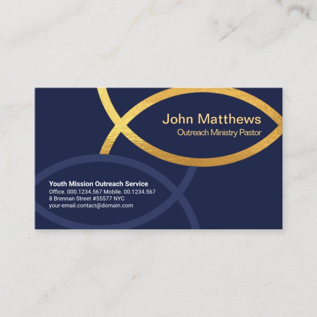 Carte De Visite Blue Creative Gold Ichthus Fish Christian Ministry (Devant)