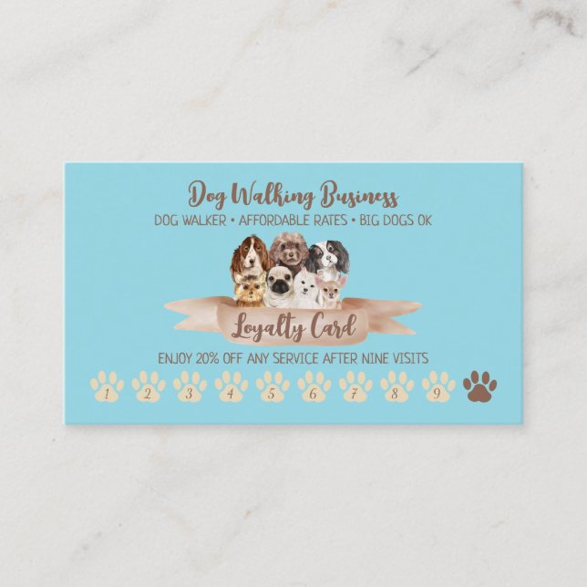 Carte De Visite Blue Dog Walker Loyauté Remise Paw (Devant)