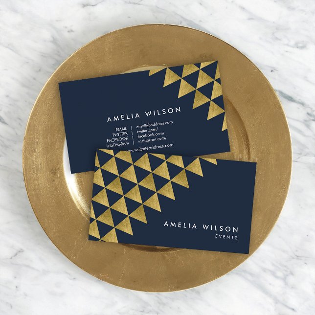 Carte De Visite Blue Faux Gold Triangles Événements Médias sociaux (Créateur téléchargé)