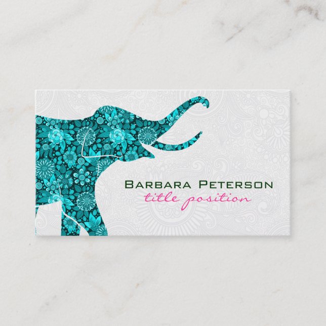 Carte De Visite Blue Floral Elephant Blanc Damas (Devant)