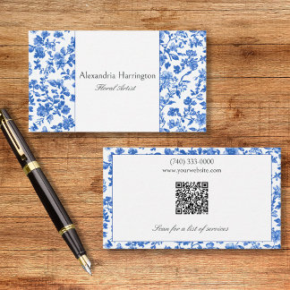 Carte De Visite Blue Floral with QR Code