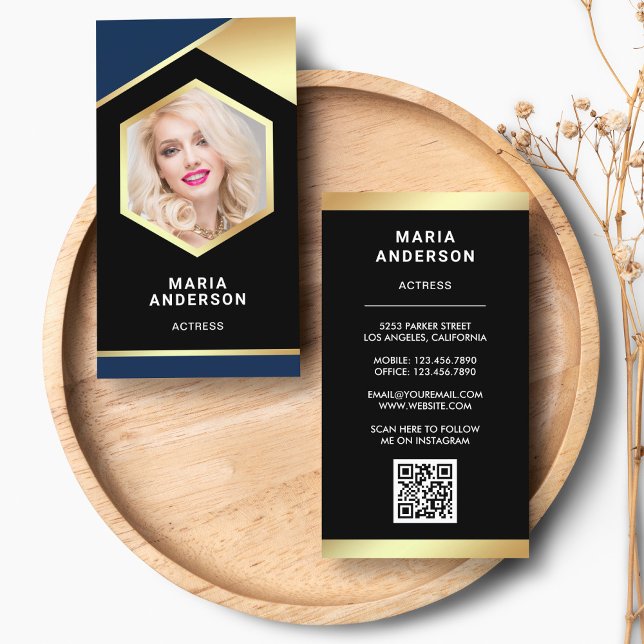 Carte De Visite Blue Gold Foil Modèle Actrice QR Code Photo (Créateur téléchargé)