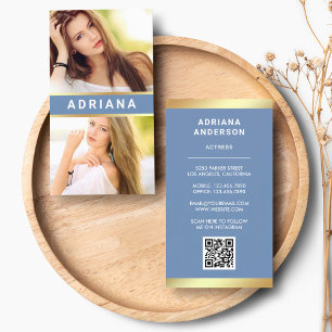 Carte De Visite Blue Gold Model Actrice QR Code 2 Photo Collage