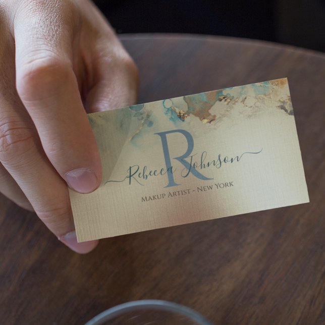 Carte De Visite Blue Gold Modern Abstrait (Gold business card with a blue monogram. Chic and elegant with a classical look.)