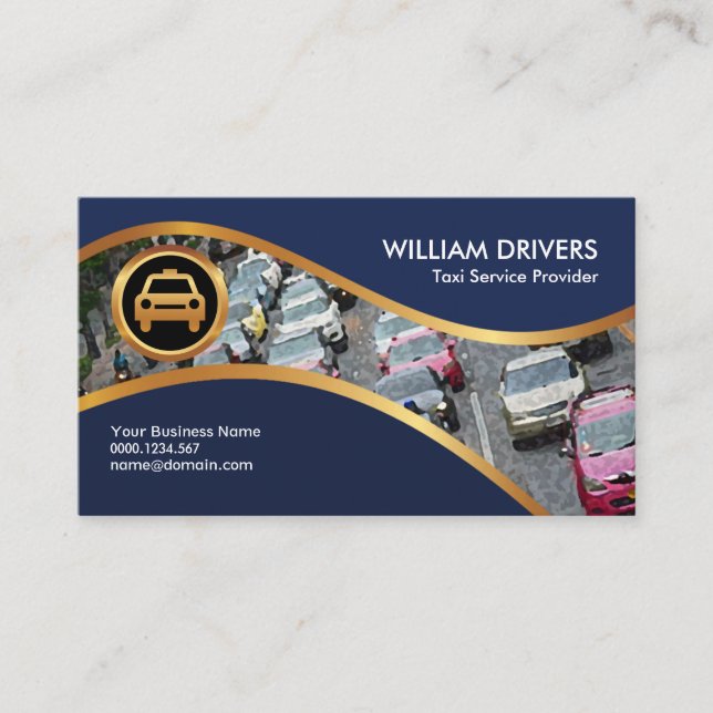 Carte De Visite Blue Gold Water Waves Faux Gold Icon Taxi Service (Devant)