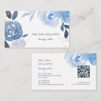 Carte De Visite Blue Gold Watercolor Flowers