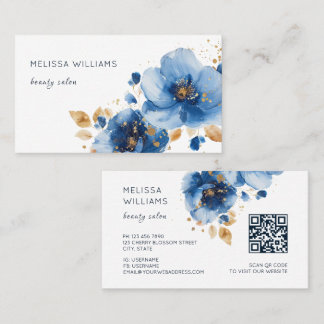Carte De Visite Blue Gold Watercolor Flowers