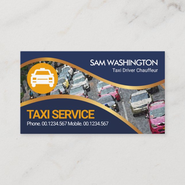Carte De Visite Blue Gold Waves City Traffic Taxi Conducteur de ta (Devant)