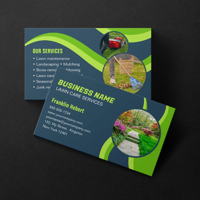 Carte De Visite Blue Green Lawn Care Landscaping Mowing 3 Photo (Créateur téléchargé)
