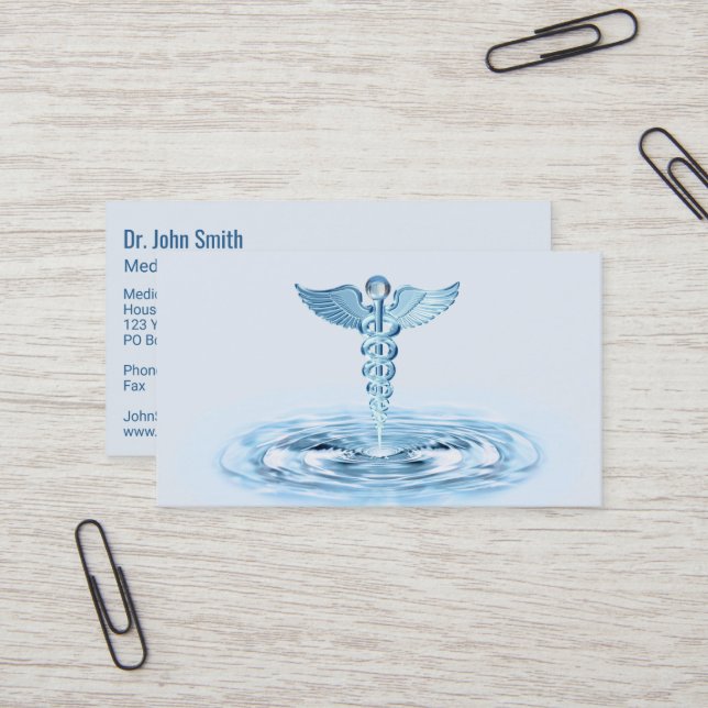 Carte De Visite Blue Hermes Rod Caduceus Water Riples Médicale (Devant/Arrière en situation)