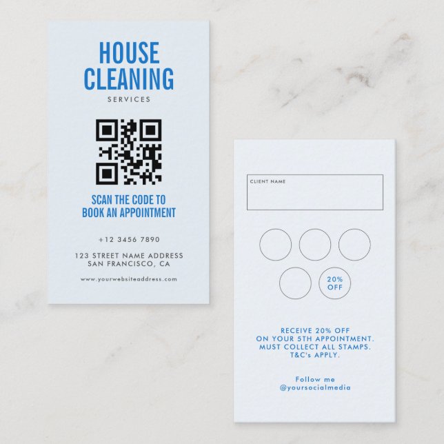 Carte De Visite Blue House Cleaning Services QR Code Fidélité & (Devant / Derrière)