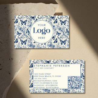 Carte De Visite Blue Ivory Toile De Jouy Custom Logo QR Code