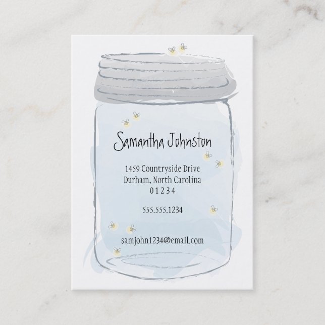 Carte De Visite Blue Mason Jar & Fireflies Enregistrer la date (Devant)