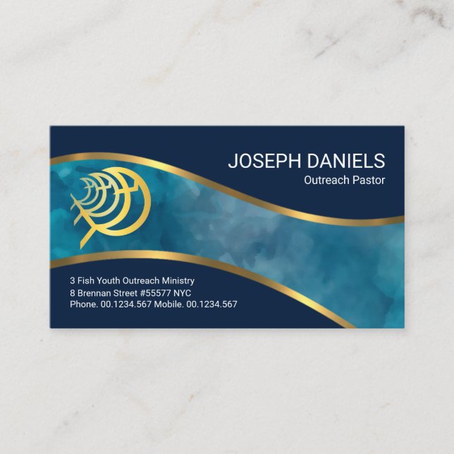 Carte De Visite Blue Ocean Gold Ichthus Fish Wave Church Ministre (Devant)