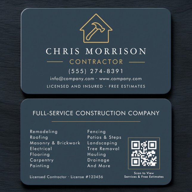 Carte De Visite Blue Professional Contractor & Builder QR Code (Créateur téléchargé)