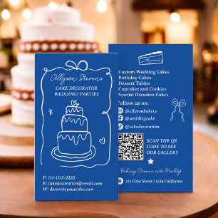 Carte De Visite Blue Retro French Scribble cake decorateur code qr