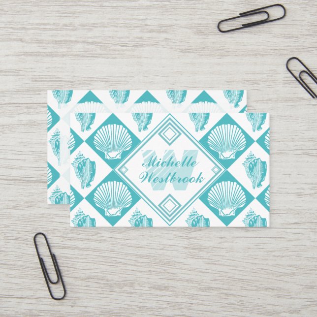 Carte De Visite Blue Seashell Diamond Nautical Beach Monogramme (Devant/Arrière en situation)