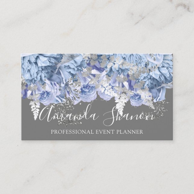 Carte De Visite Blue Silver White Roses Planificateur d'événements (Devant)