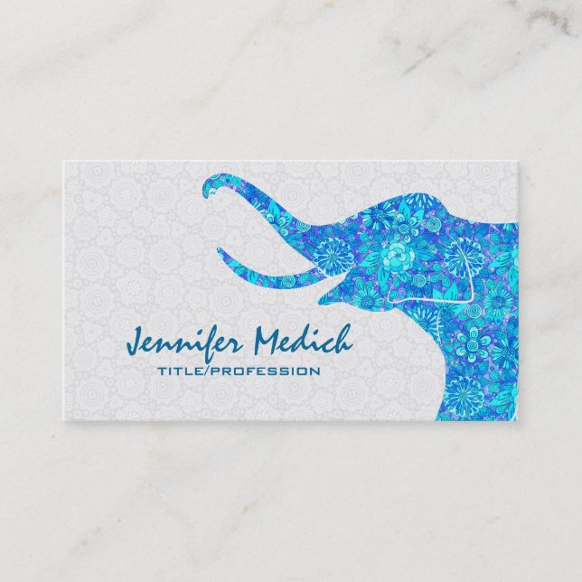 Carte De Visite Blue Tones Retro Floral Elephant (Devant)