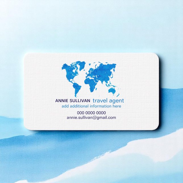 Carte De Visite Blue Watercolor World Map Agent de voyage (Créateur téléchargé)