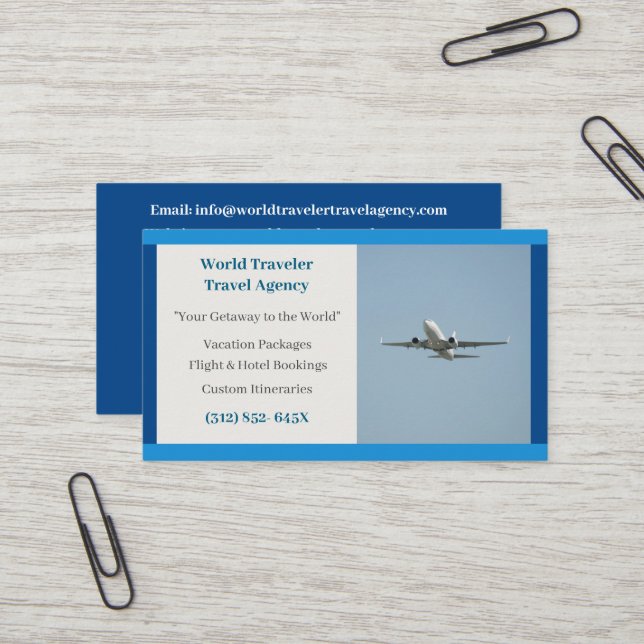 Carte De Visite Blue White Plane Agent Agence de Voyage d'avion (Devant/Arrière en situation)