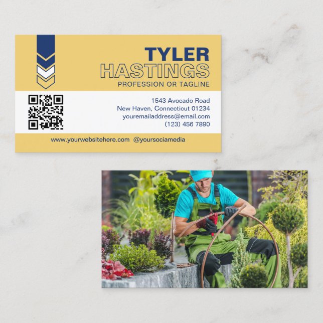 Carte De Visite Blue Yellow Arrows QR Code Photo Template (Devant / Derrière)