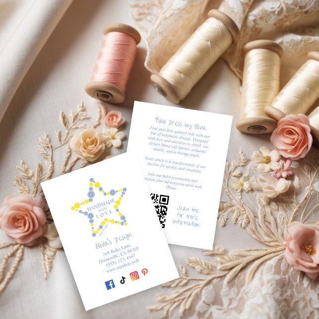 Carte De Visite Blue & Yellow Original Buttons Star Handmade Love (Blue & Yellow Original Buttons Star Handmade with Love Quote Star Business Cards for Handymarkers.)