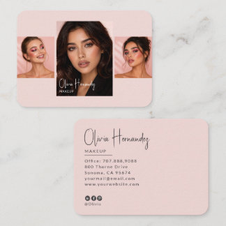 Carte De Visite Blush Pink Black Script 3 Photo Makeup 