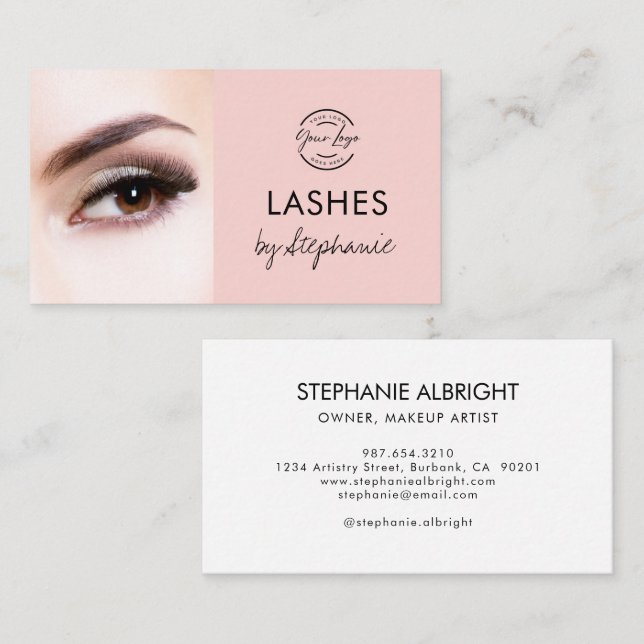 Carte De Visite Blush Pink Black Script Photo Lashes Studio (Devant / Derrière)