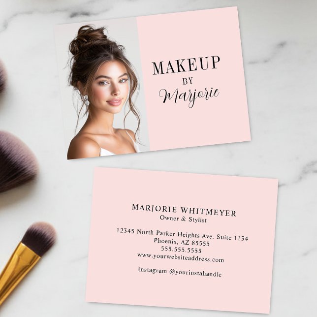 Carte De Visite Blush Pink Black Script Photo Makeup (modern black blush pink script photo makeup business card elegant minimalist simple)