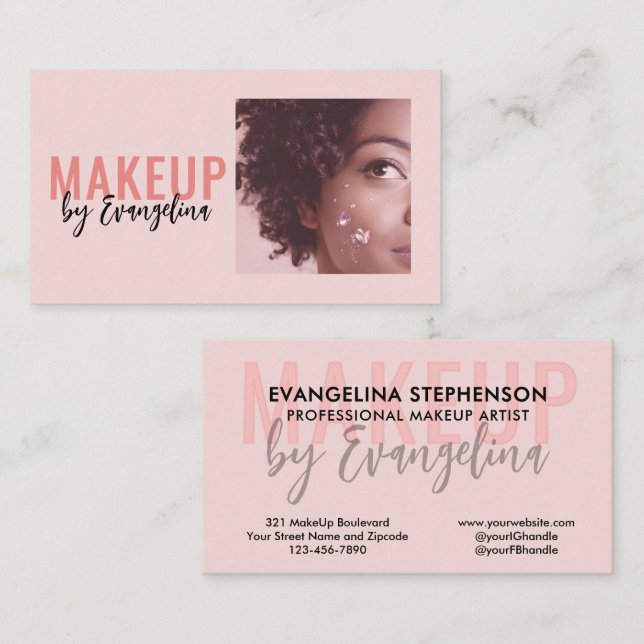 Carte De Visite Blush Pink Black Script Photo Makeup Artist (Devant / Derrière)