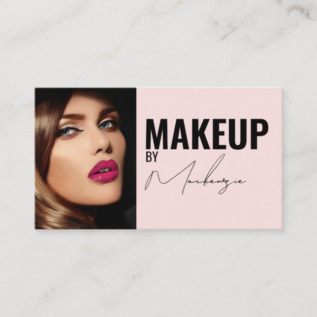 Carte De Visite Blush Pink Black Script Photo Makeup Business Card (Devant)