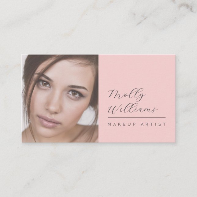 Carte De Visite Blush Pink Black Script Photo Makeup Business Card (Devant)