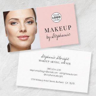 Carte De Visite Blush Pink Black Script Photo Makeup Business Card