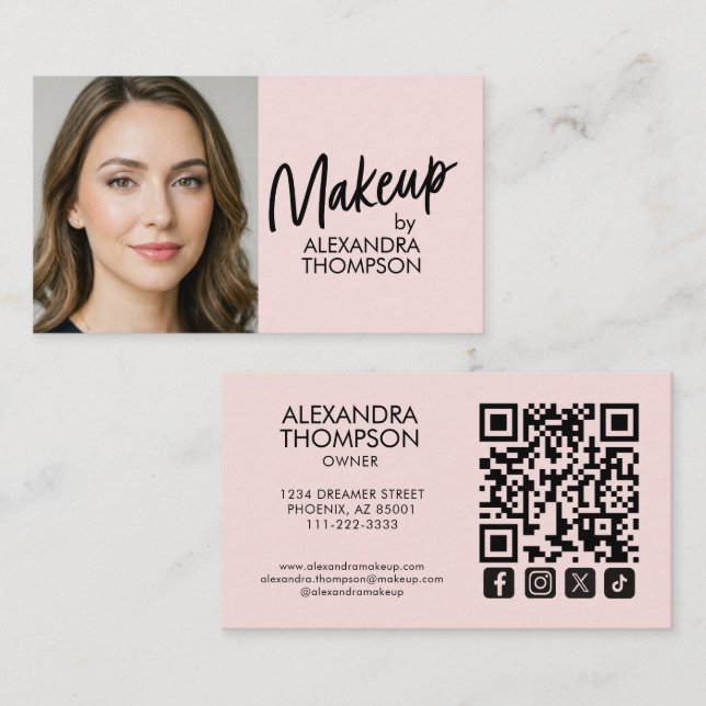 Carte De Visite Blush Pink Black Script Qr Code Social Icon Makeup (Devant / Derrière)