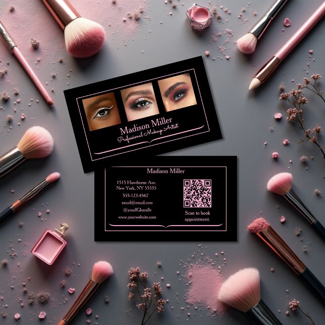 Carte De Visite Blush Pink Black Social Icon QR Code Photo Makeup (Créateur téléchargé)