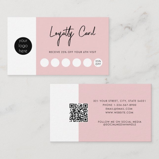 Carte De Visite Blush Pink Business Logo QR Code Loyauté (Devant / Derrière)