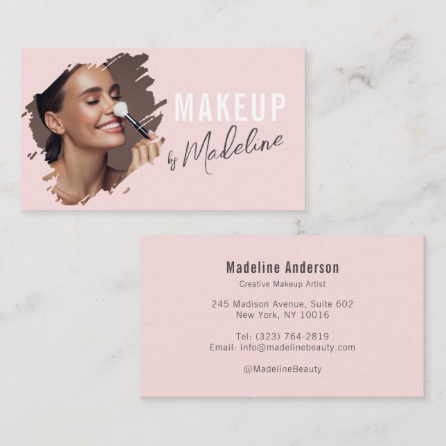 Carte De Visite Blush Pink Gray Script Photo Makeup (Devant / Derrière)