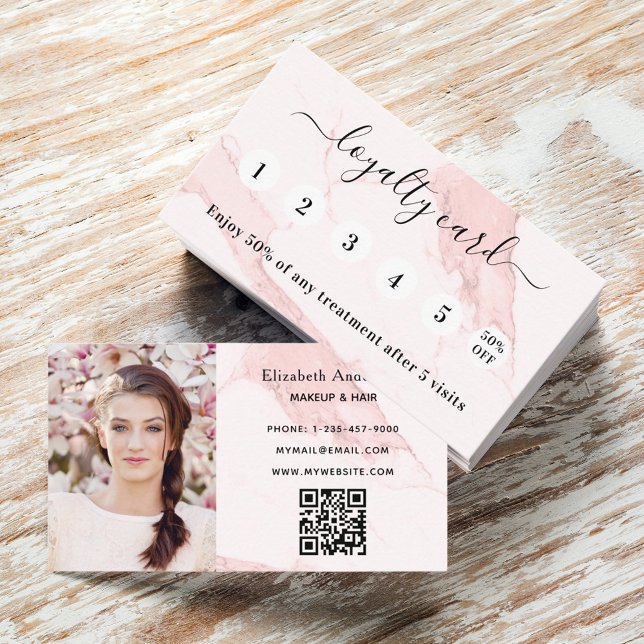 Carte De Visite Blush pink marble qr code photo loyalty card (Créateur téléchargé)