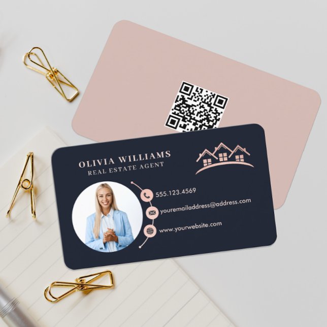 Carte De Visite Blush Pink & Navy Professional Immobilier Photo (Créateur téléchargé)