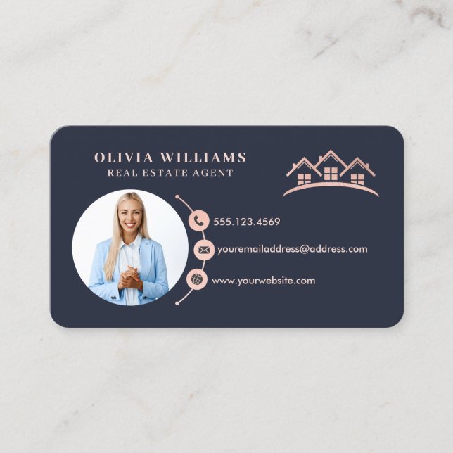 Carte De Visite Blush Pink & Navy Professional Immobilier Photo (Devant)