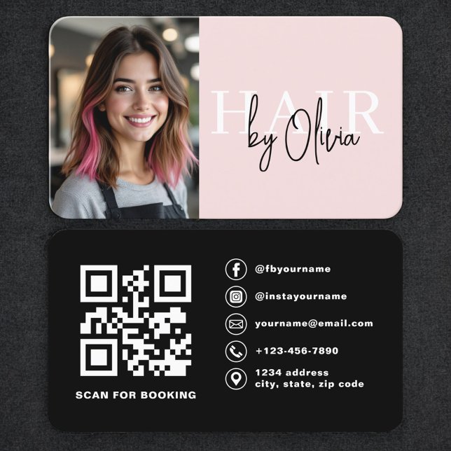 Carte De Visite Blush Pink Photo QR Code Hair Stylist (Créateur téléchargé)
