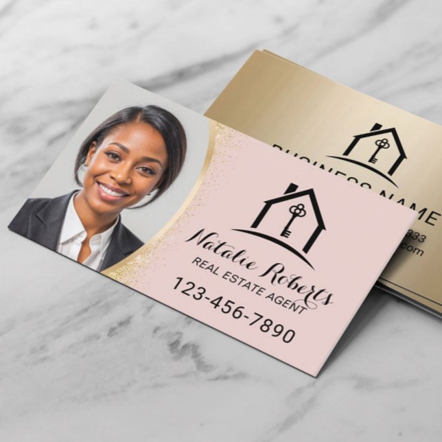 Carte De Visite Blush Pink Real Estate Agent Modern Gold Photo (Créateur téléchargé)