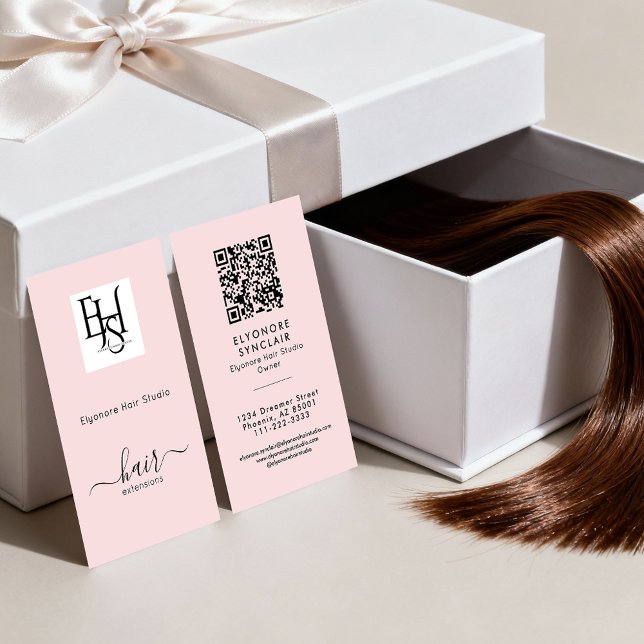 Carte De Visite Blush Pink Script Logo QR Code Hair Extension (Créateur téléchargé)
