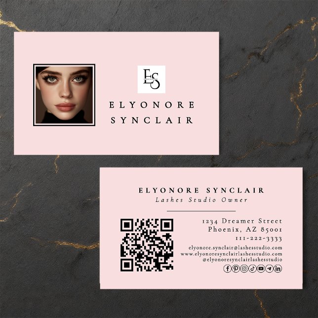 Carte De Visite Blush Pink Script Logo QR Code Photo Lashes (Créateur téléchargé)