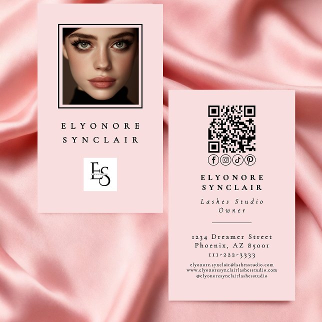 Carte De Visite Blush Pink Script Logo QR Code Photo Lashes (Créateur téléchargé)