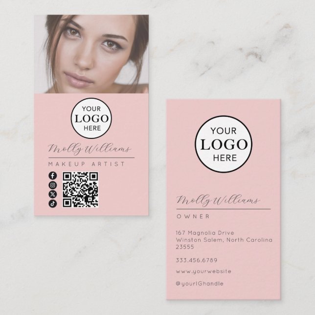 Carte De Visite Blush Pink Script Logo QR Code Photo Makeup (Devant / Derrière)