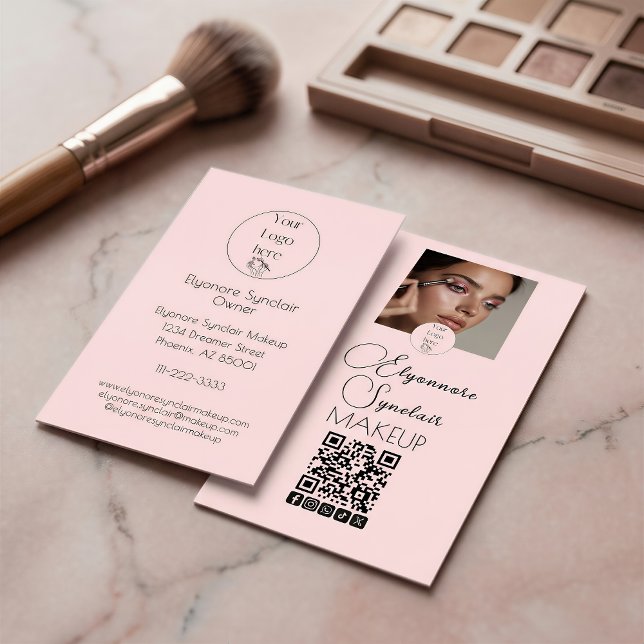 Carte De Visite Blush Pink Script Logo QR Code Photo Makeup (Créateur téléchargé)